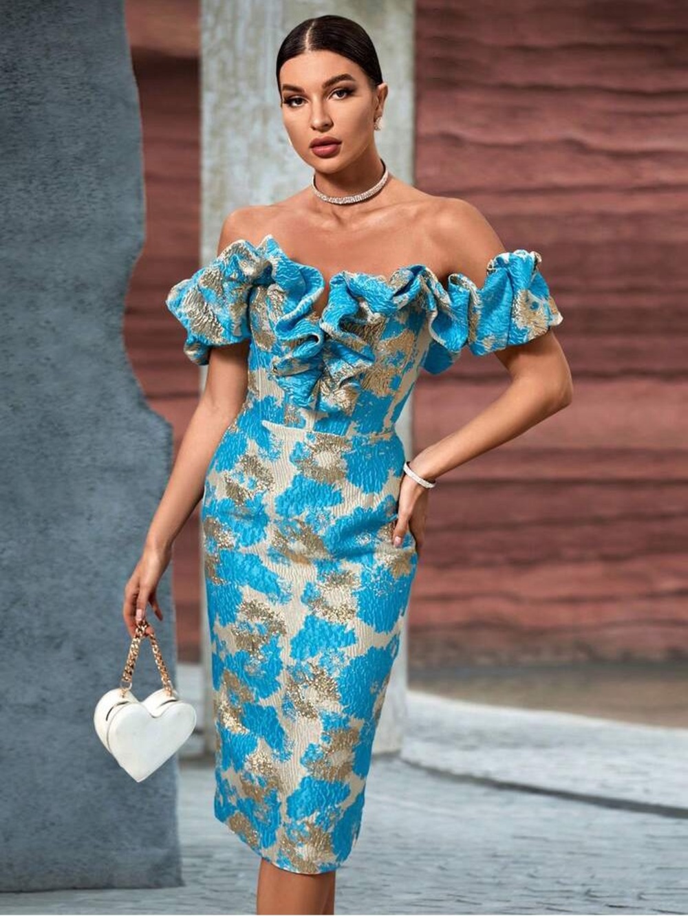 Jacquard Off-Shoulder Blue and Gold Ruffle Sheath Dress size XL